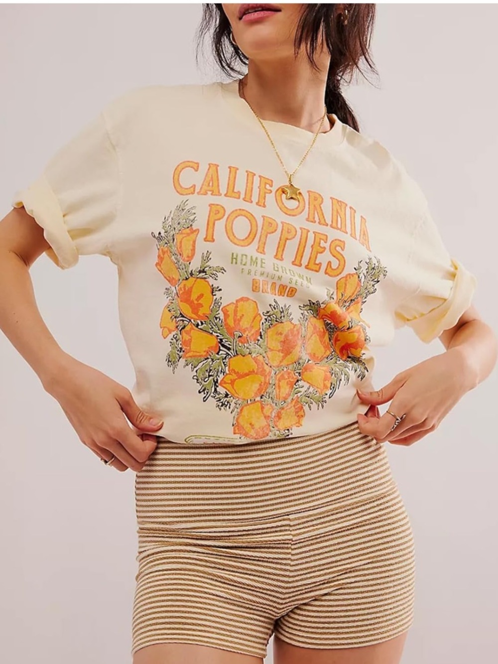 Cream Graphic Tee with Orange Poppy Print - Women's Short Sleeve